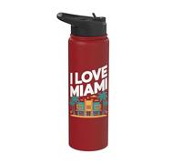 I Love Miami Art Deco Palmeras Flamencos Stainless Steel Insulated Water Bottle