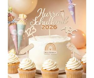 I LOVE MOM Decoración para tartas de escolarización 2026, 6 piezas de decoración para tartas de Hurra, escolar, de madera, para comienzo del colegio, bolsa de azúcar ABC 123, decoración para tartas