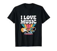 I Love Music Guitarra Disco de Vinilo Vibes Camiseta gráfica económica, Hombre, Negro, M