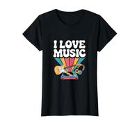 I Love Music Guitarra Disco de Vinilo Vibes Camiseta gráfica económica, Mujer, Negro, XS