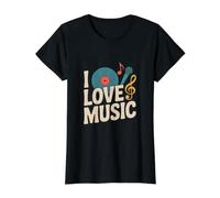 I Love Music - Micrófono de Vinilo con Clave de Sol Camiseta gráfica económica, Mujer, Negro, L