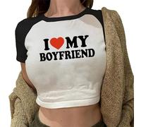 I Love My Boyfriend Camiseta Corta Mujer Y2K Tops Cortos E-Girls Adolescente Cuello Redondo Manga Corta Slim Fit Camisetas Ropa de Calle