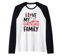I Love My Flocking Family Cute Funny Pink Flamingo Juego de Palabras Camiseta Manga Raglan
