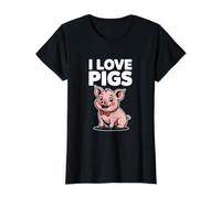 I Love Pigs Cute Piglet Sonriendo Expresión Camiseta gráfica económica, Mujer, Negro, XS