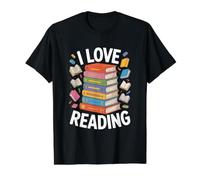 I Love Reading Book Stack Ilustración Colorida Camiseta gráfica económica, Hombre, Negro, S