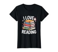 I Love Reading Book Stack Owl Entusiasta Camiseta gráfica económica, Mujer, Negro, L