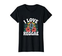 I Love Reggae Micrófono Hibisco Camiseta gráfica económica, Mujer, Negro, M