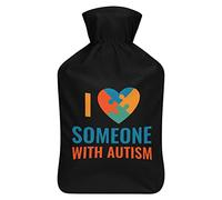 I Love Someone with Autism - Botella de agua de goma con funda de felpa suave, bolsa de agua caliente para invierno, manos y pies, protección contra el frío, 1000 ml
