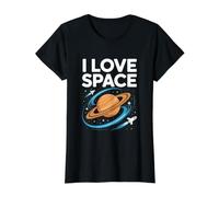 I Love Space Saturn Rockets Órbita Cósmica Camiseta gráfica económica, Mujer, Negro, S