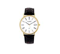 I LUV LTD Reloj de Pulsera para Caballero de Oro de 9 CT, números Romanos y Fecha, Correa de Cuero Negra