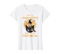 I’m a Good Witch My Cat Told Me So Golden British Hallowwen Camiseta gráfica económica, Mujer, Blanco, S