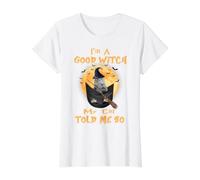 I’m a Good Witch My Cat Told Me So Grey Tabby Cat Hallowwen Camiseta gráfica económica, Mujer, Blanco, XL