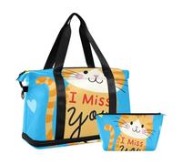 I Miss You - Bolsa de viaje grande con diseño de gato marrón con correa ajustable para viajes de negocios, plegable, Lindo gato marrón de dibujos animados "I Miss You", 1 size