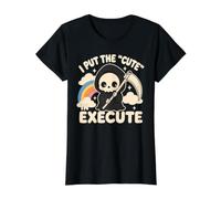 I Put The Cute In Execute Grim Reaper Juego de Palabras Halloween Camiseta gráfica económica, Mujer, Negro, M