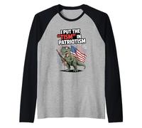 I Put The Tism in Patriotism Bandera de Estados Unidos T-Rex Dinosaurio Autismo Camiseta Manga Raglan