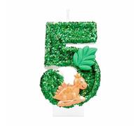 i-QiQi - Vela de cumpleaños número 5 de dinosaurio con purpurina para 5º cumpleaños, diseño 3D, decoración de pastel de feliz cumpleaños, velas para temática de animales verdes