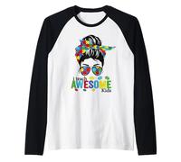 I Teach Awesome Kids Teacher Autismo Concientización Moño desordenado Camiseta Manga Raglan