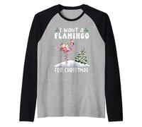 I Want A Flamingo For Christmas Santa Hat Funny Xmas Camiseta Manga Raglan