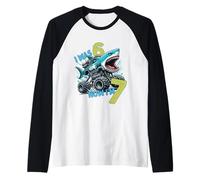 I Was Six Now I'm Seven Shark 67 Meme 7th Birthday Boys Kids Camiseta Manga Raglan