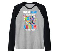 I wear Blue For My Son Autism Awareness Mom Dad Parents Camiseta Manga Raglan