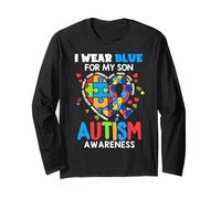 I wear Blue For My Son Autism Awareness Mom Dad Parents Manga Larga