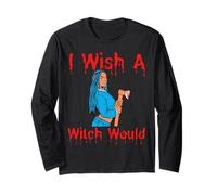 I Wish A Witch Would Funny Halloween Melanina Negro Mujeres Diversión Manga Larga