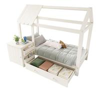 I0I&I0I Cama infantil de 90 x 200 cm de madera maciza en color blanco y roble con cajones, mesita de noche extraíble, cama de suelo para habitación infantil, sin colchón, diseño funcional, segura y
