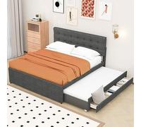 I0I&I0I Cama tapizada, doble, cama familiar, cama de matrimonio con tres cajones, cama nido extraíble, cabecero ajustable (gris, 140 x 200 cm)