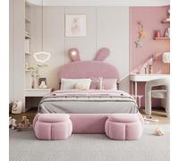 I0I&I0I Cama tapizada para niños con orejas de conejo, iluminación LED, cabecero de altura regulable y 2 taburetes de almacenamiento, cama individual con listones de madera, somier de láminas (rosa