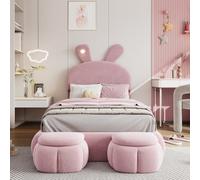 I0I&I0I Cama tapizada para niños con orejas de conejo, iluminación LED, cabecero de altura regulable y 2 taburetes de almacenamiento, cama individual con listones de madera, somier de láminas (rosa