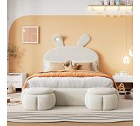 I0I&I0I Cama tapizada para niños con orejas de conejo, iluminación LED, cabecero de altura regulable y 2 taburetes de almacenamiento, cama individual con listones de madera, somier de láminas (beis