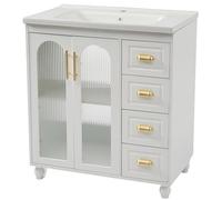 I0I&I0I Elegante lavabo individual con armario bajo y lavabo de cerámica, mueble de baño duradero con gran espacio de almacenamiento, diseño sencillo y asas nobles (color blanco)