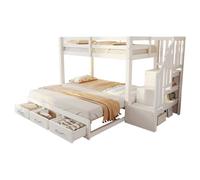 I0I&I0I Litera nido juvenil cama de madera con escalera de almacenamiento, cajones, función extensible, somier, dormitorio juvenil (blanco + madera + madera sintética)