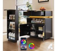 I0I&I0I Mesa de bar móvil extensible con espacio de almacenamiento, función giratoria iluminación LED, multifuncional, barra de café, isla de cocina, comedor (negro + MDF)
