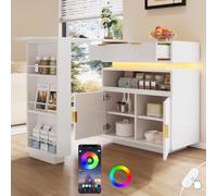 I0I&I0I Mesa de bar móvil extensible con espacio de almacenamiento, función rotatoria, iluminación LED, multifuncional, para cocina, comedor (blanco + tablero de partículas)