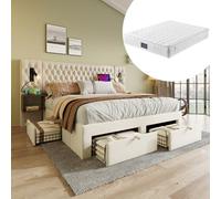 I0I&I0I Moderno juego de cama de terciopelo para cama doble, 2 mesitas de noche, 4 cajones, cabecero con luz de lectura, función de carga USB, ideal para familias (beige + terciopelo + 160 cm x 200 cm