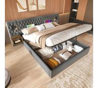 I0I&I0I Moderno juego de cama de terciopelo para cama doble, 2 mesitas de noche, 4 cajones, cabecero con luz de lectura, función de carga USB, ideal para familias (gris + terciopelo + 180 cm x 200 cm)