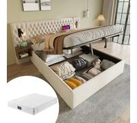 I0I&I0I Moderno juego de cama de terciopelo para cama doble, 2 mesitas de noche, 4 cajones, cabecero con luz de lectura, función de carga USB, ideal para familias (beige + terciopelo + 160 cm x 200 cm