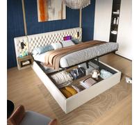 I0I&I0I Moderno juego de cama de terciopelo para cama doble, 2 mesitas de noche, 4 cajones, cabecero con luz de lectura, función de carga USB, ideal para familias (beige + terciopelo + 180 cm x 200 cm