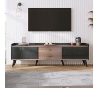 I0I&I0I Mueble de TV con dos cajones, mesa baja para televisión, color madera natural, salón, con puertas correderas, espacio de almacenamiento para televisores y dispositivos multimedia (negro +