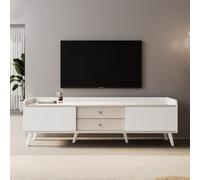 I0I&I0I Mueble de TV con dos cajones, mesa baja para TV, color madera natural, sala de estar, con puertas correderas, espacio de almacenamiento para televisores y dispositivos multimedia (blanco +