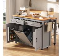 I0I&I0I Rolling Kitchen Island White with Extendable Table Top and Work Space Mobile Kitchen Unit with Waste Bin and Electrical Sockets Flexible Storage Solution for Home (Grey + MDF)
