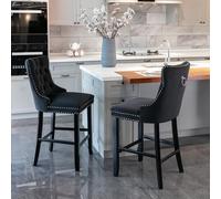 I0I&I0I Velvet Upholstered Bar Stools Set of 2 with Wooden Legs, Button Tufted Bar Chairs with Chrome Nailhead Trim for Kitchen Counter Home Bar (Black + Velvet + Foam)