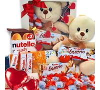 IAMI Caja Regalo de Chocolates y Bombones con Osito de Peluche Blanco | Huevo con sorpresa | 10 huevitos y 4 chocolatinas | 2 barritas de avellana | Para San Valentín y aniversarios