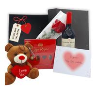 IAMI Caja Regalo San Valentín | Vino, Bombones, Rosa y Peluche 4 Piezas | Detalle para pareja, novio o novia | Válida para aniversarios | Flor duradera sin cuidados | Lista para entregar