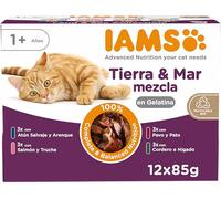 IAMS Advanced Nutrition Land & Sea Collection Alimento húmedo en gelatina, para Gatos Adultos con Diversos sabores a Carne y Pescado, 12 x 85g