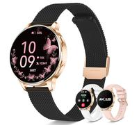 Iaret Reloj Inteligente Mujer con 3 Correas, 1,27" Pantalla AMOLED, Smartwatch Redondo con Llamadas Bluetooth, 120+ Modos Deportivos, SpO2/Pulsómetro/Sueño, para Android iOS, Regalo, Oro Negro