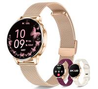Iaret Reloj Inteligente Mujer con 3 Correas, 1,27" Pantalla AMOLED, Smartwatch Redondo con Llamadas Bluetooth, 120+ Modos Deportivos, SpO2/Pulsómetro/Sueño, para Android iOS, Regalo, Oro Rosa