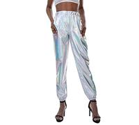 IBAKOM Mujer Pantalones Metálicos Cuero Brillante Cintura Alta Ocio holográfico Pantalones Largos Sueltos Hip Hop Baile Casual Polainas Ropa de Calle