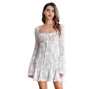 IBAKOM Vestido gótico para mujer, vestido de encaje, manga trompeta, vestido vintage, elegante, vestido de invitado de boda, minivestido de línea A, vestido de cóctel, vestido de noche, corto, vestido